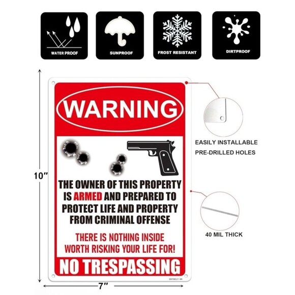 NO TRESPASSING Sign Armed Home Owner Aluminum Sign Metal 9.75"x7" Ready to Hang - Picture 3 of 6